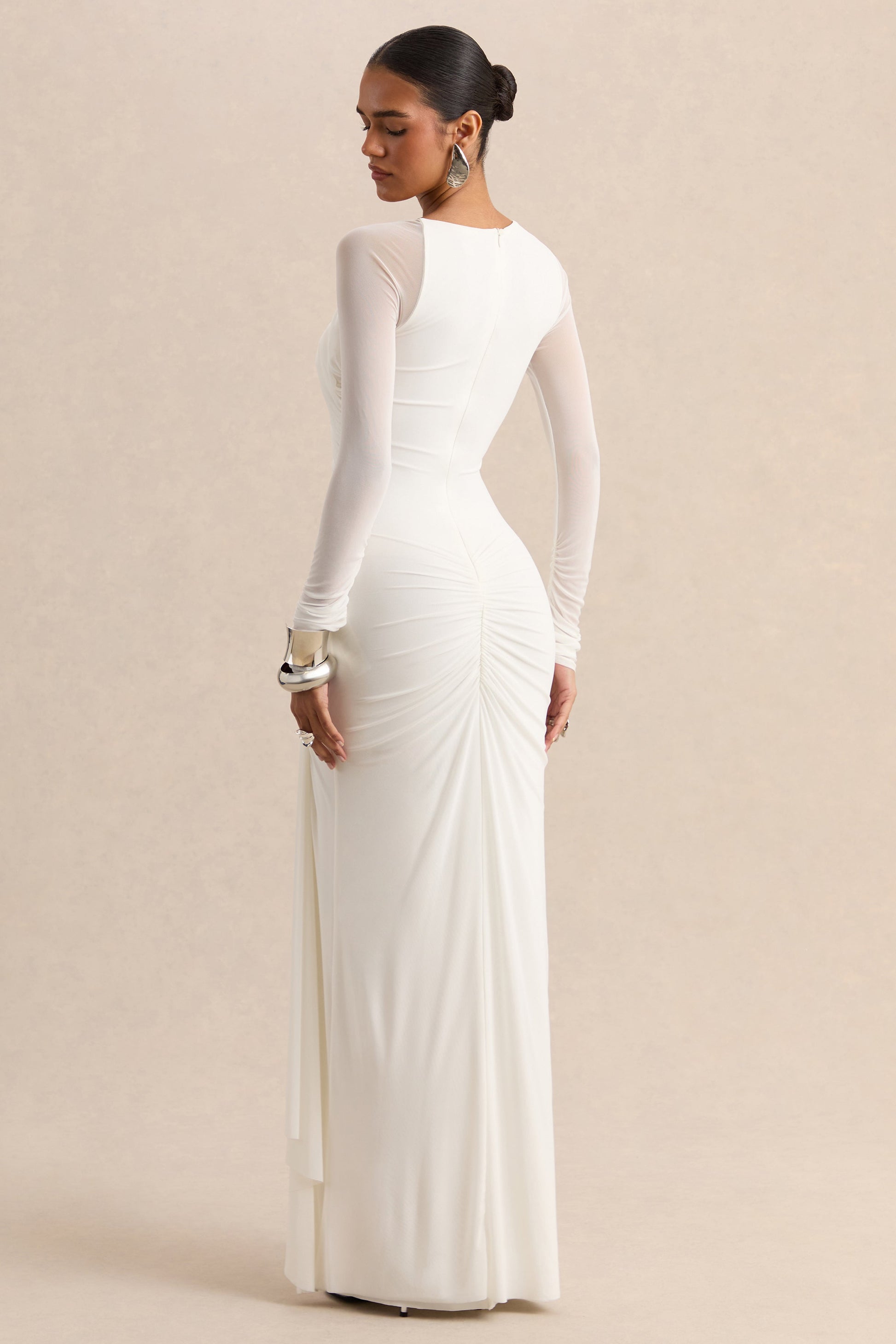 Rimena | White Asymmetric-Neck Maxi-Dress With Gathered Detailing And Mesh Long-Sleeves