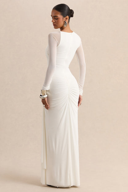 Rimena | White Asymmetric-Neck Maxi-Dress With Gathered Detailing And Mesh Long-Sleeves
