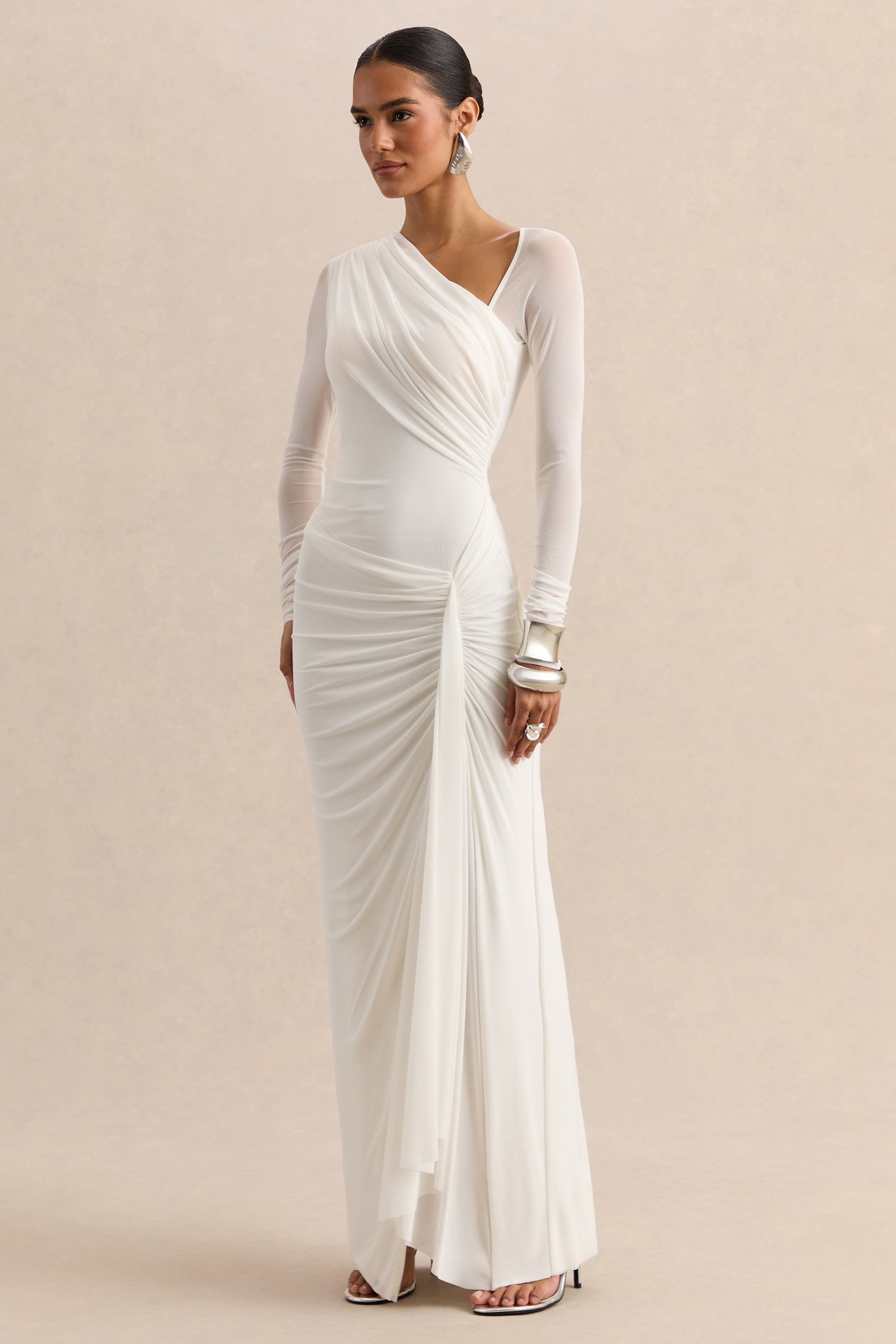 Rimena | White Asymmetric-Neck Maxi-Dress With Gathered Detailing And Mesh Long-Sleeves