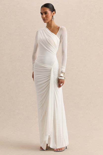 Rimena | White Asymmetric-Neck Maxi-Dress With Gathered Detailing And Mesh Long-Sleeves