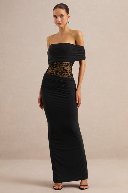 Forsya | Black Bardot-Neck Maxi Dress With Lace-Detailing