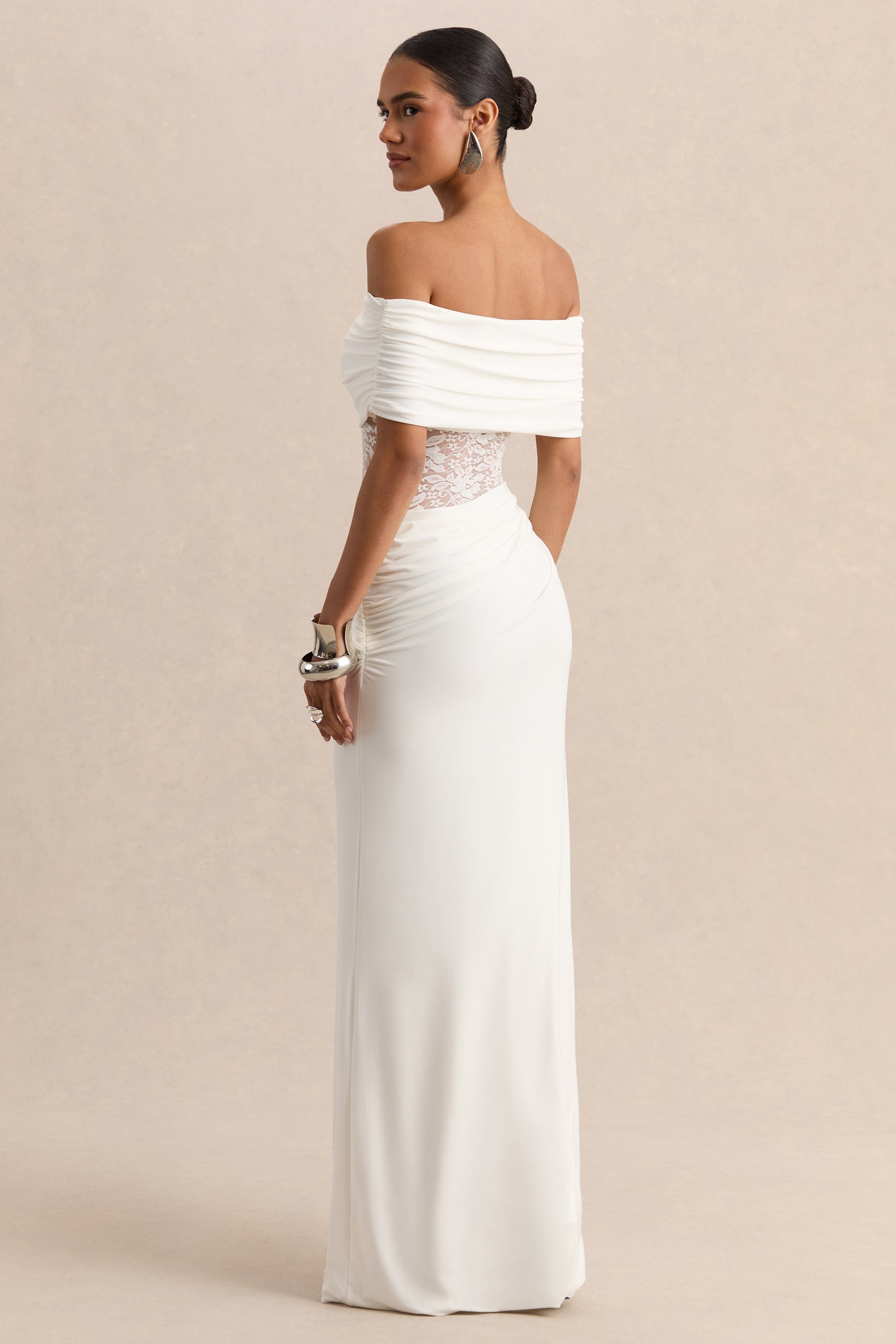 Forsya | White Bardot-Neck Maxi Dress With Lace-Detailing