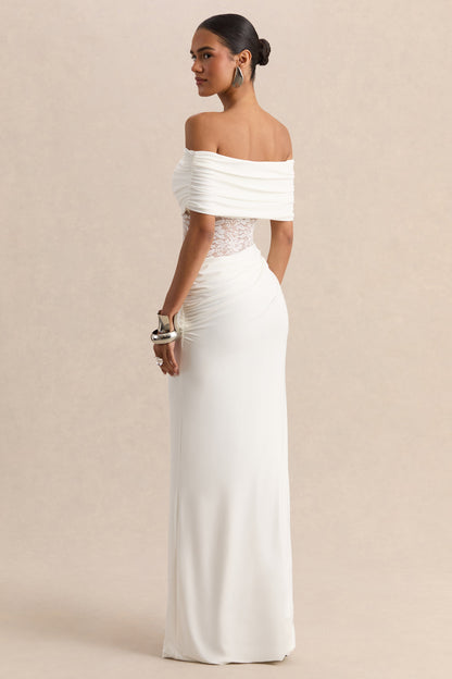 Forsya | White Bardot-Neck Maxi Dress With Lace-Detailing