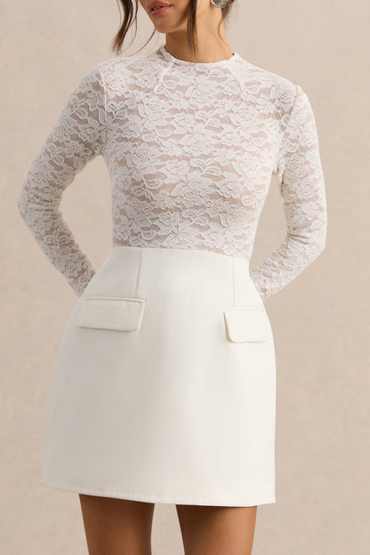 Mysteria | White High-Neck Lace Mini-Dress With Pocket-Details