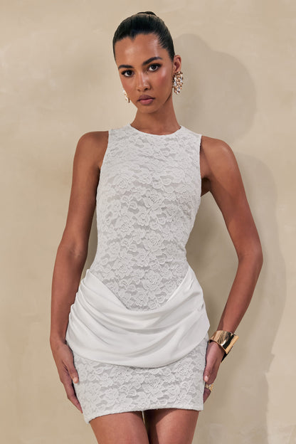 Setiana | White Lace Round-Neck Mini Dress With Draped-Detailing