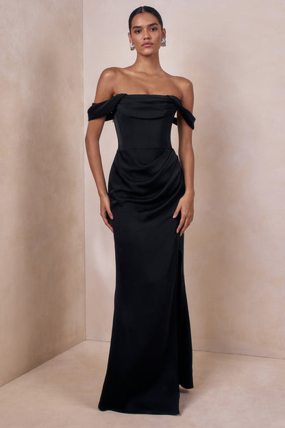 Celinea | Black Satin Bardot-Neck Maxi Dress With Front-High Split