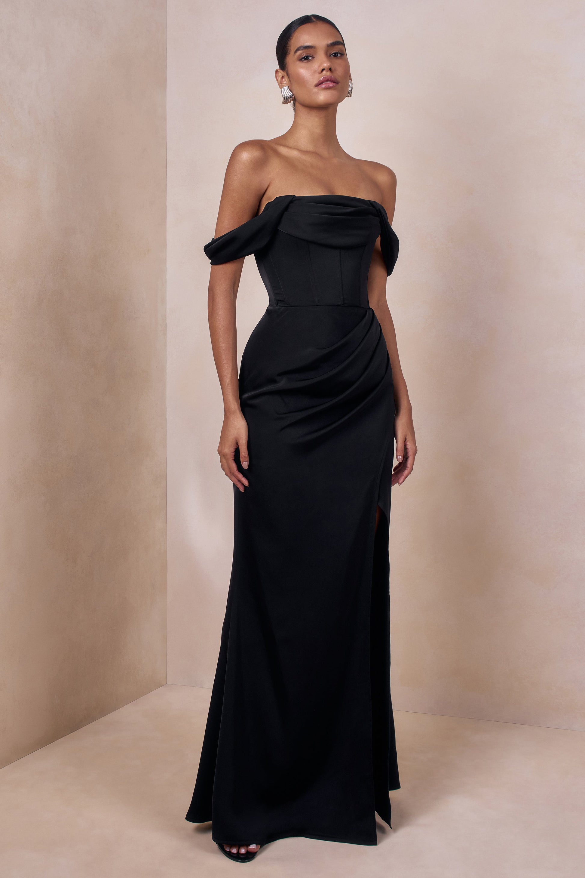 Celinea | Black Satin Bardot-Neck Maxi Dress With Front-High Split