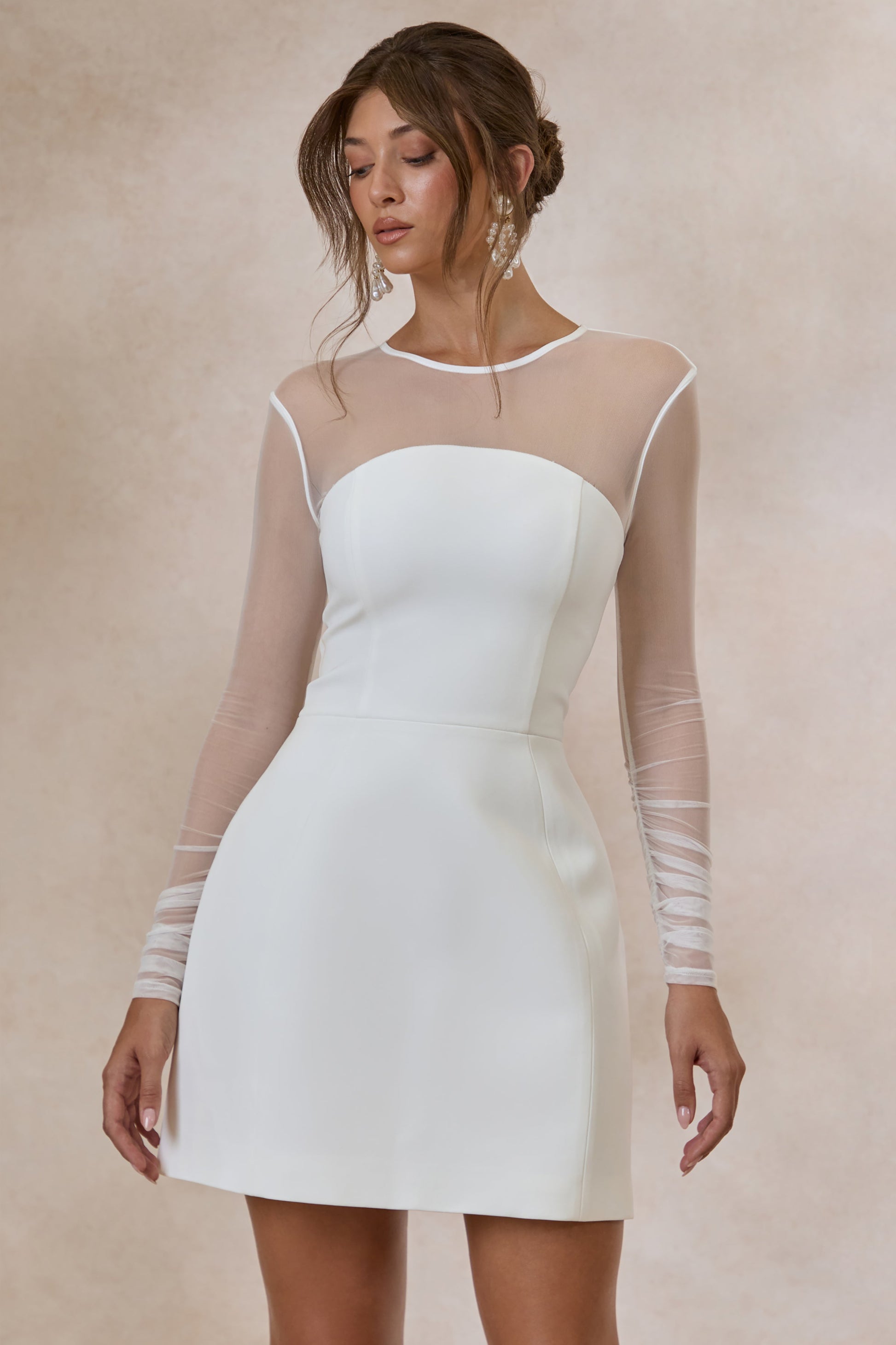 Unveila | White Crew-Neck Mini Dress With Mesh-Detailing