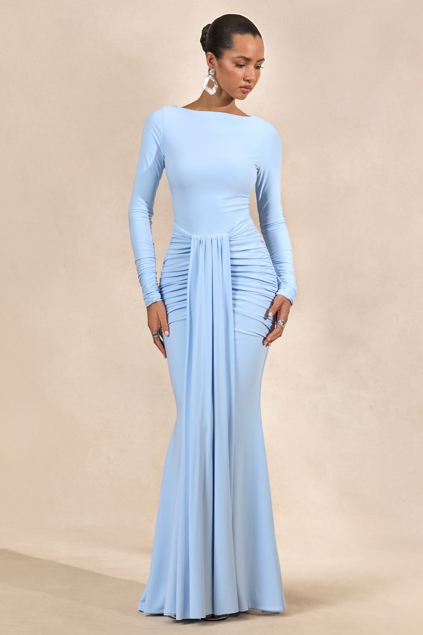 Liatris | Light Blue Wide-Neck Maxi-Dress With Gathered-Detailing