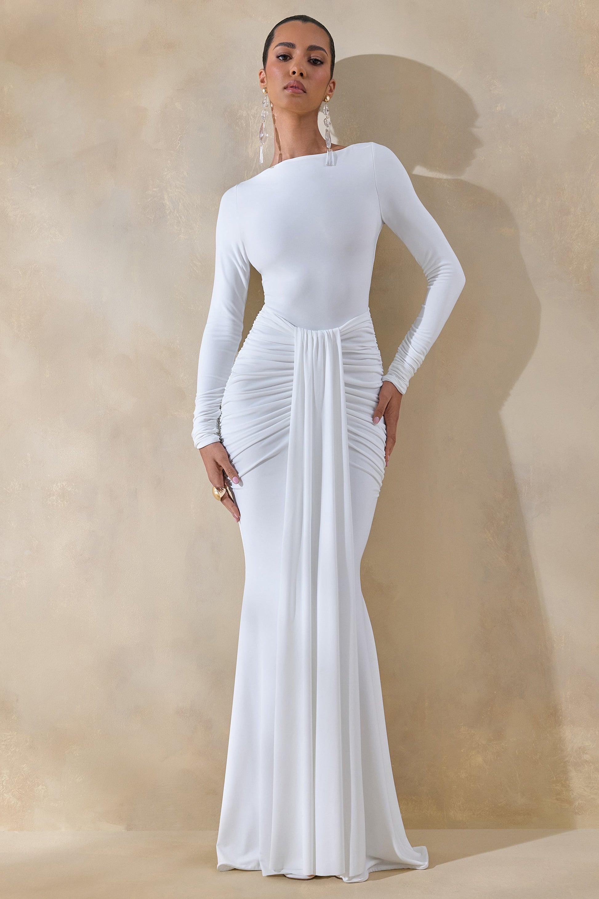 Liatris | White Wide-Neck Maxi-Dress With Gathered-Detailing