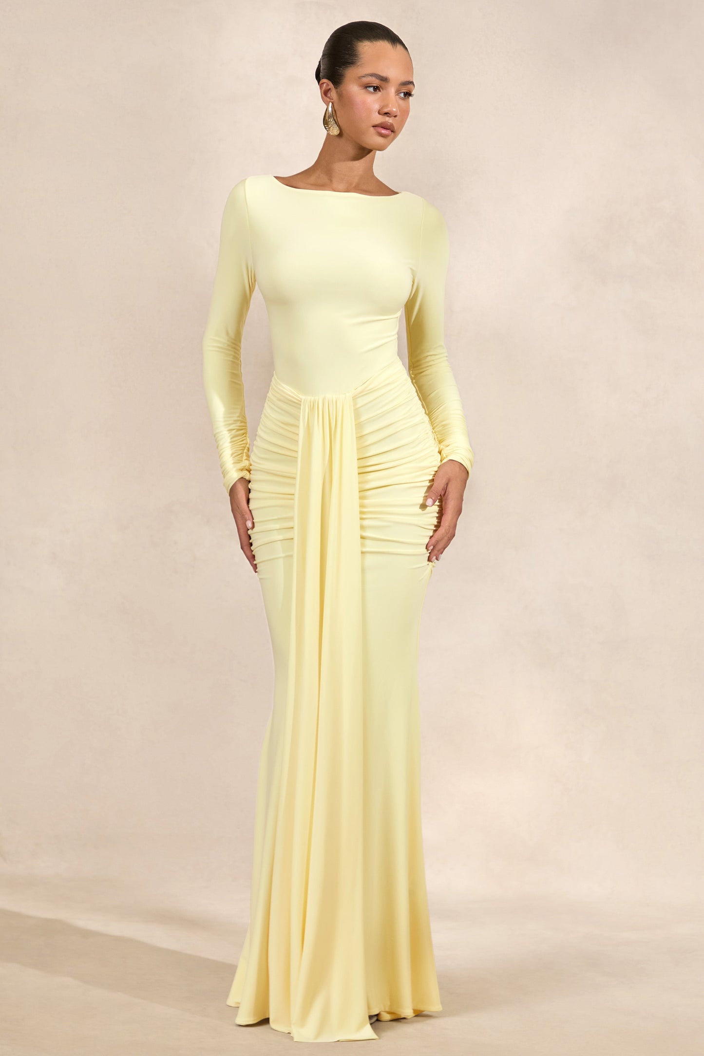 Liatris | Lemon Wide-Neck Maxi-Dress With Gathered-Detailing