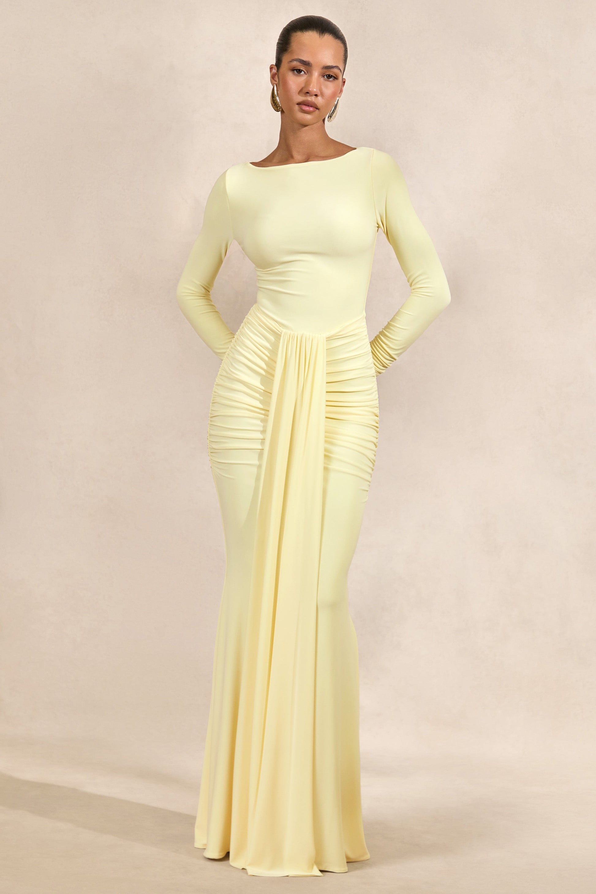 Liatris | Lemon Wide-Neck Maxi-Dress With Gathered-Detailing