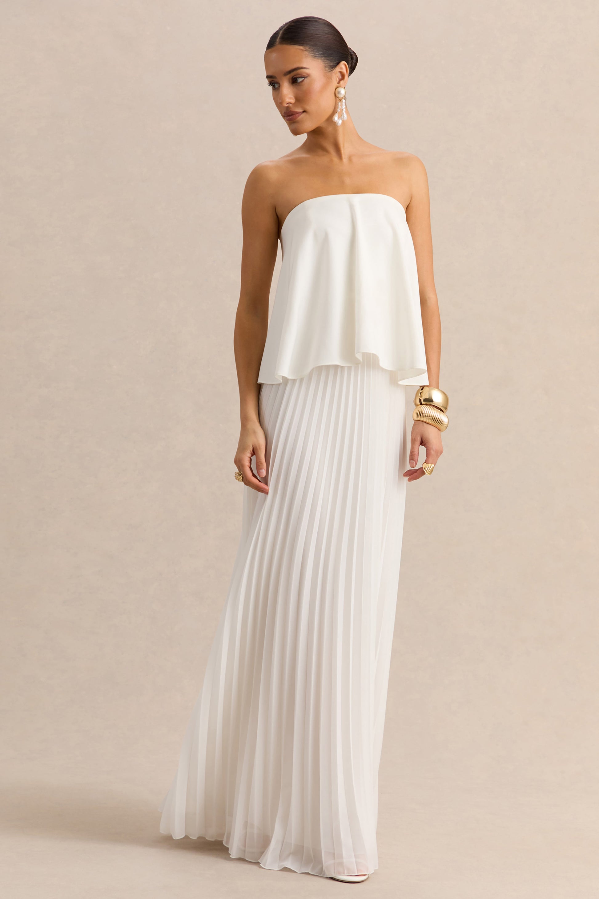 Saralyn | White Bandeau Maxi Dress With Pleated-Skirt