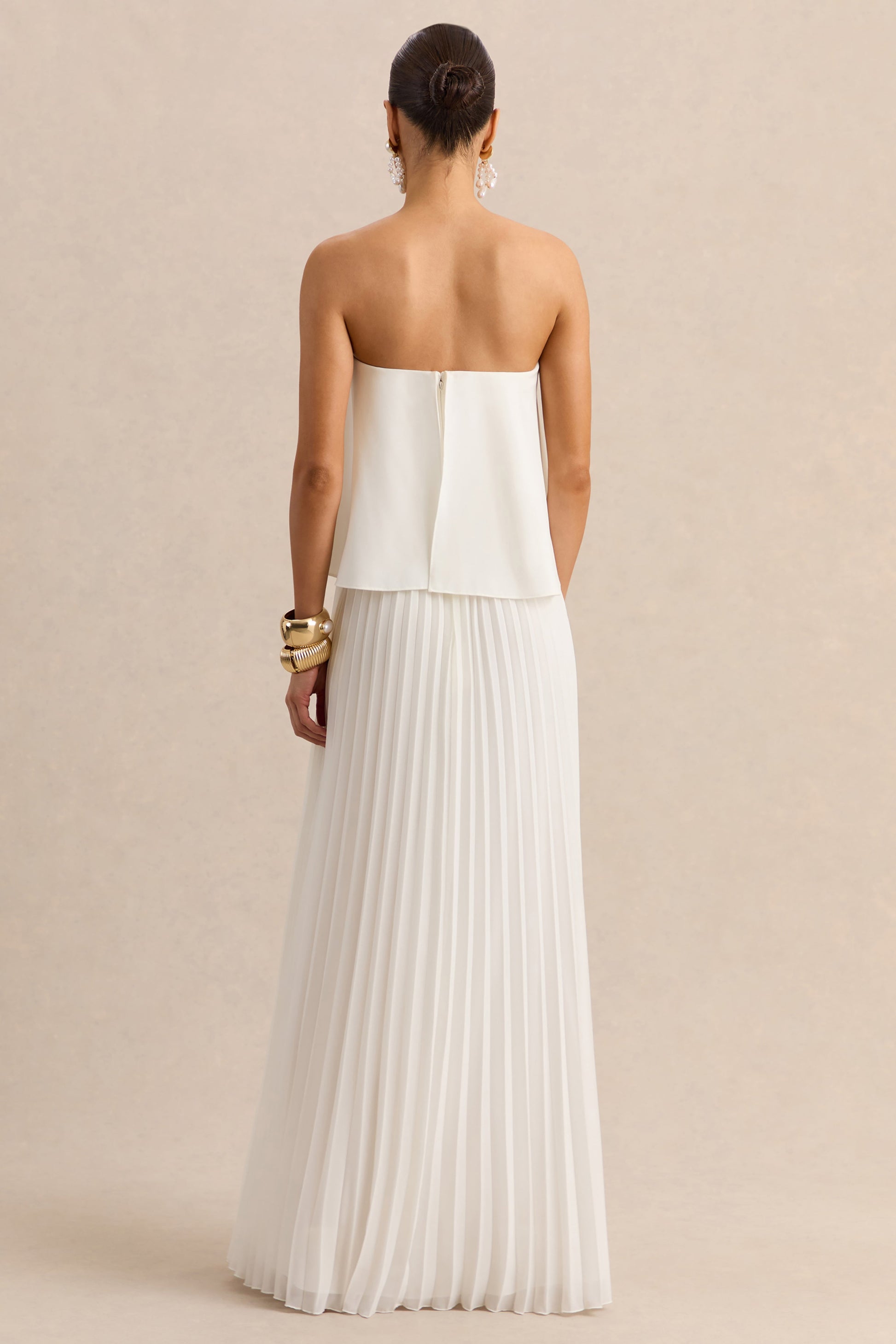 Saralyn | White Bandeau Maxi Dress With Pleated-Skirt
