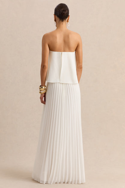 Saralyn | White Bandeau Maxi Dress With Pleated-Skirt