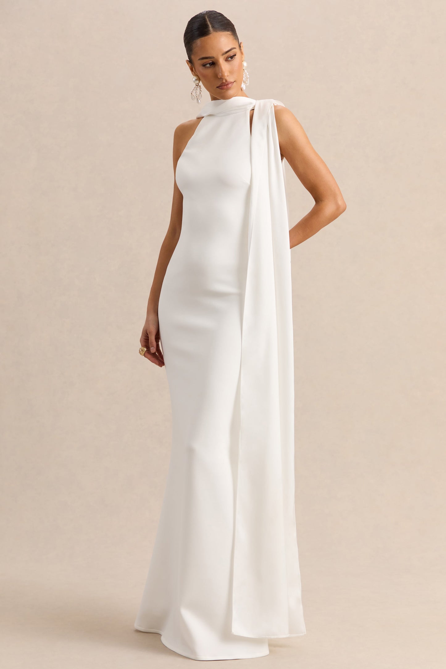 Vionette | White High-Neck Maxi Dress With Scarf