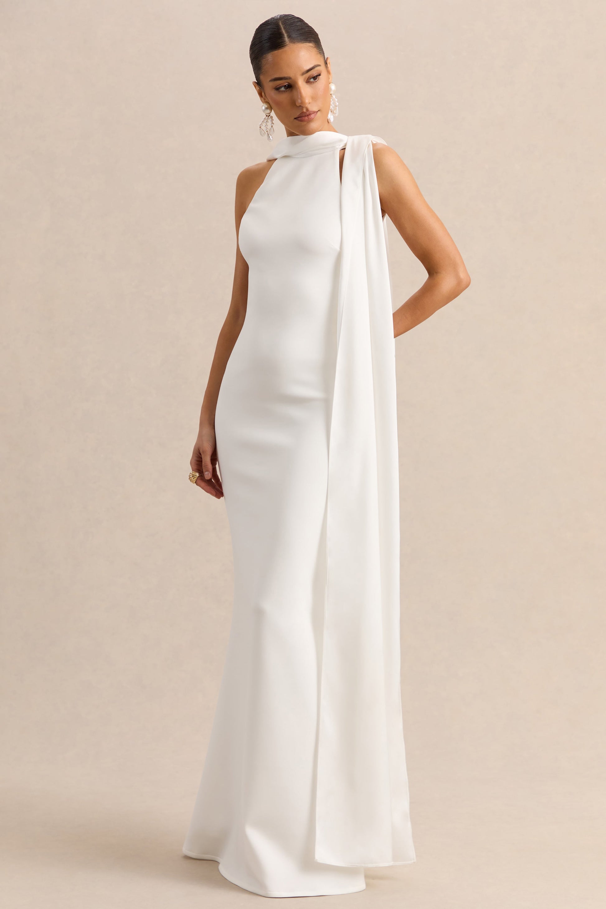 Vionette | White High-Neck Maxi Dress With Scarf