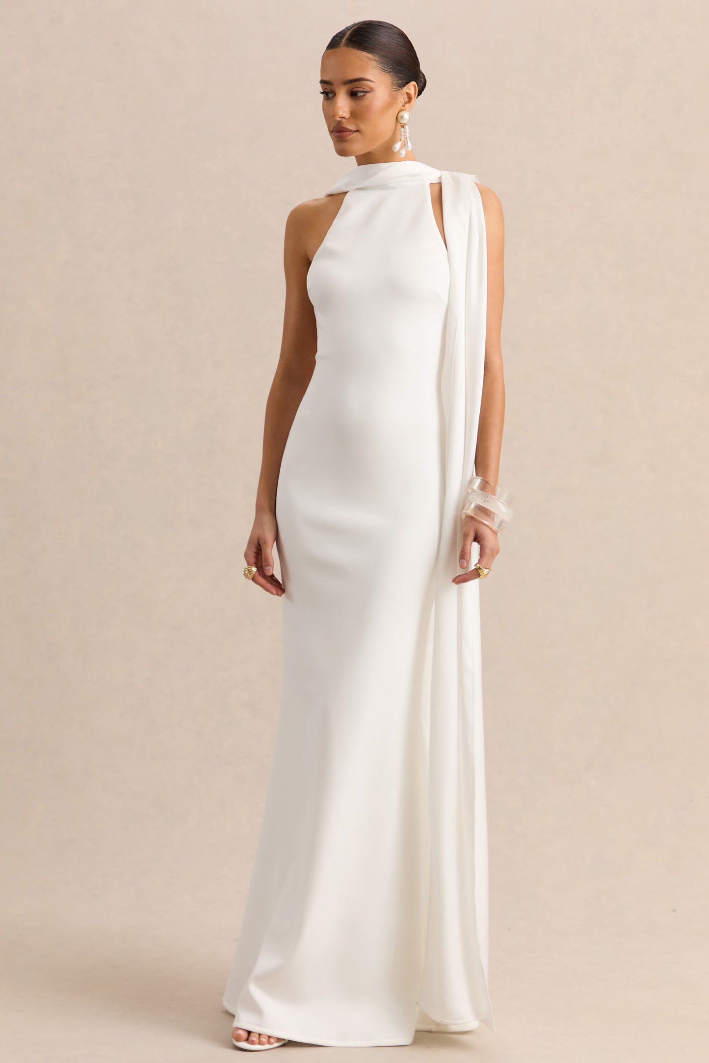 Vionette | White High-Neck Maxi Dress With Scarf