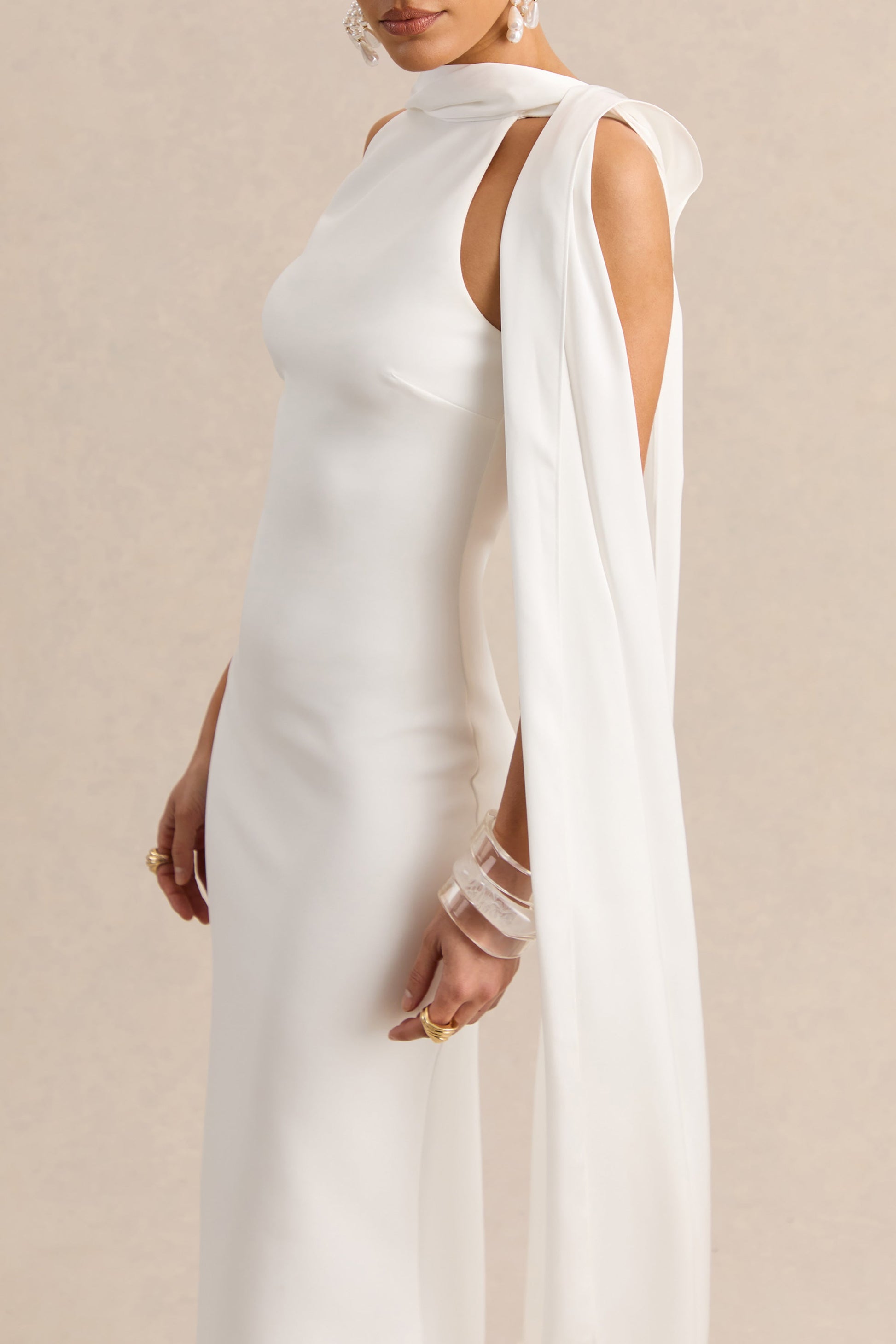 Vionette | White High-Neck Maxi Dress With Scarf