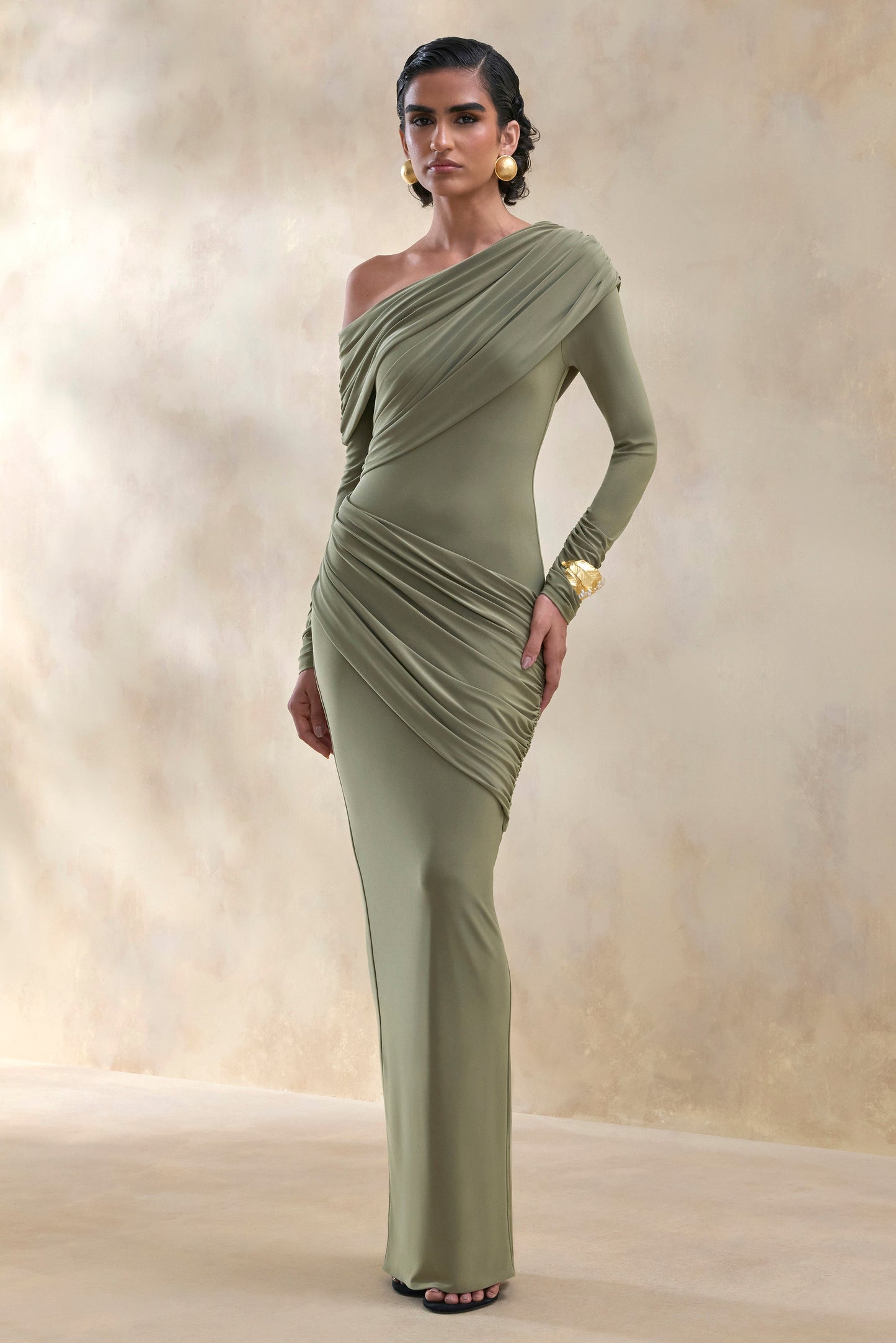 Rosirene | Olive Asymmetric-Neck Maxi Dress With Draped-Detailing