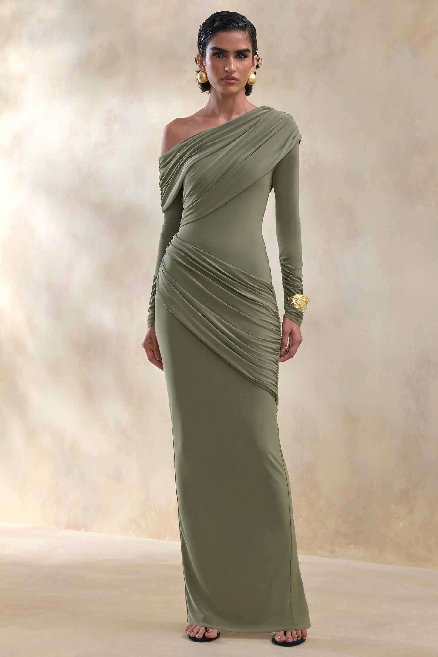 Rosirene | Olive Asymmetric-Neck Maxi Dress With Draped-Detailing