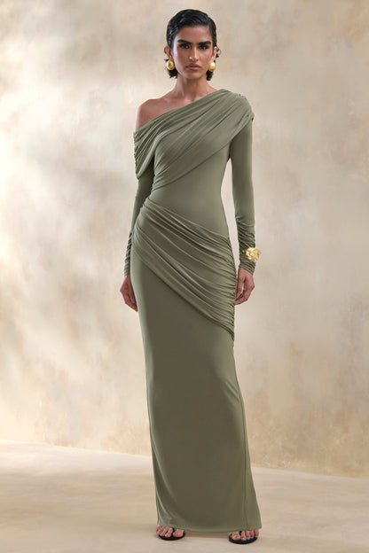 Rosirene | Olive Asymmetric-Neck Maxi Dress With Draped-Detailing