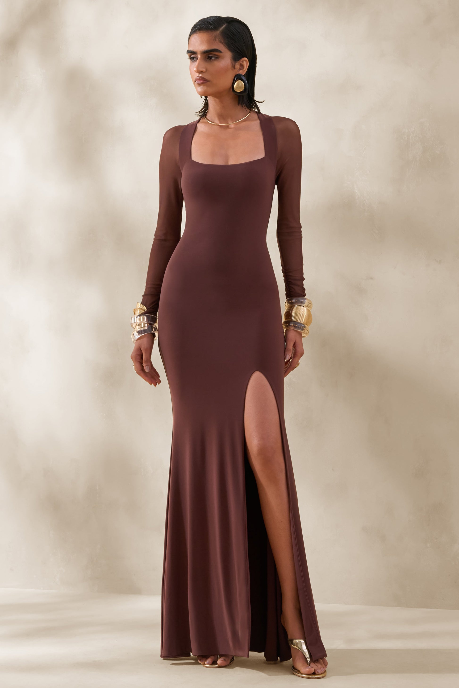 Renalia | Brown Square-Neck Maxi Dress With Mesh Long-Sleeves