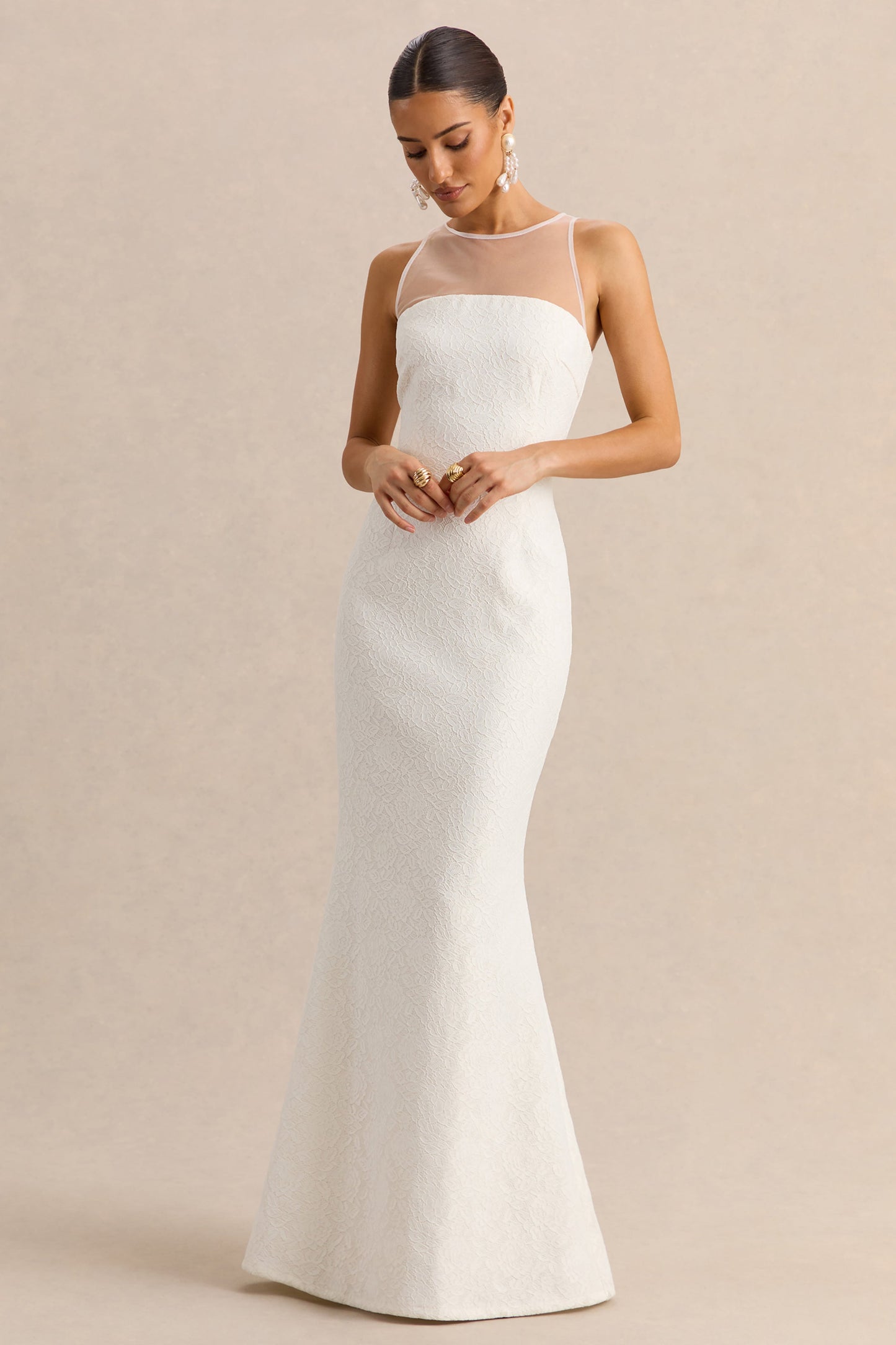 Rosevine | White Lace Crew-Neck Maxi Dress With Mesh Panel