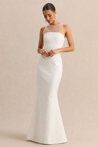 Rosevine | White Lace Crew-Neck Maxi Dress With Mesh Panel