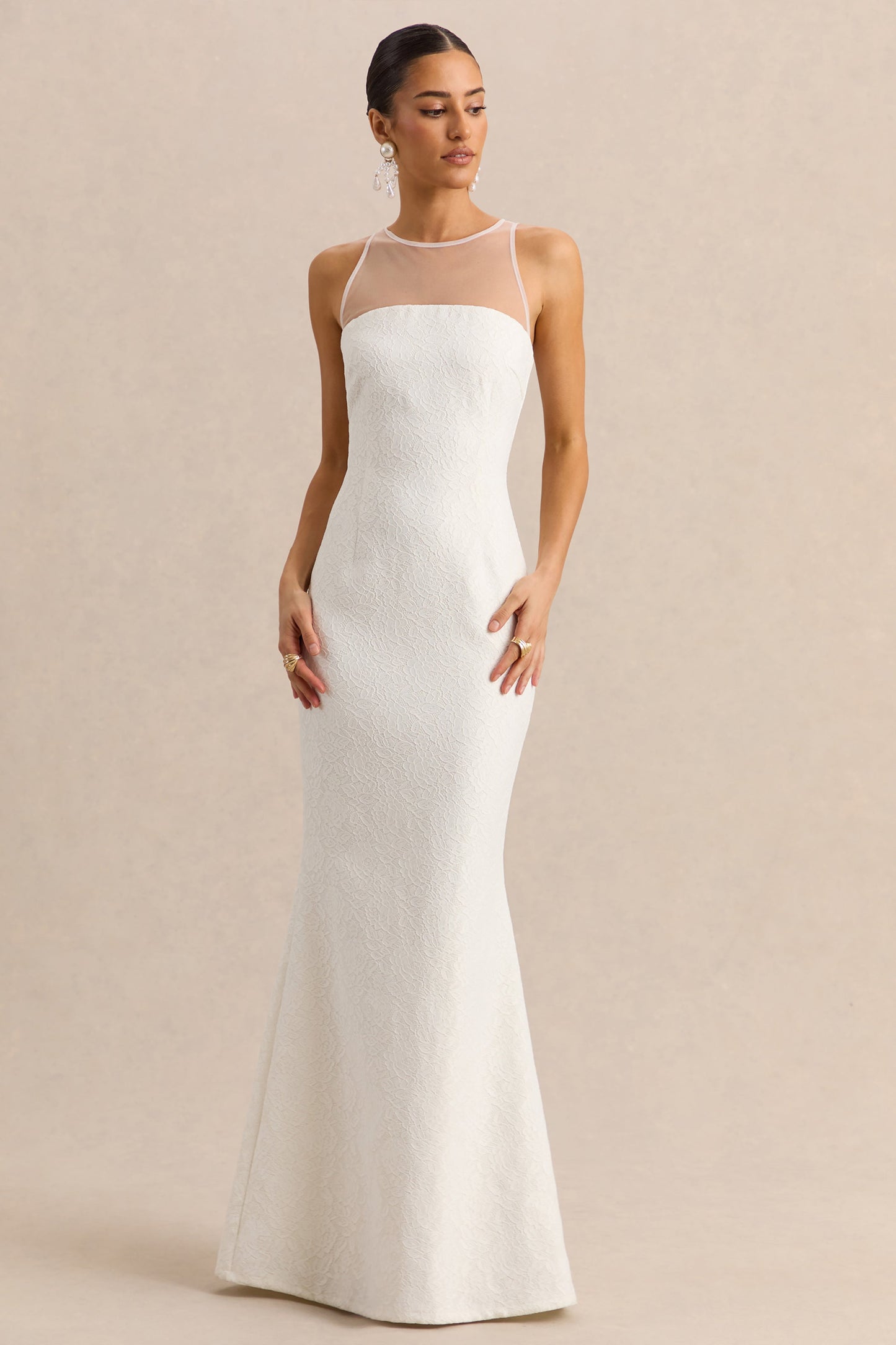 Rosevine | White Lace Crew-Neck Maxi Dress With Mesh Panel