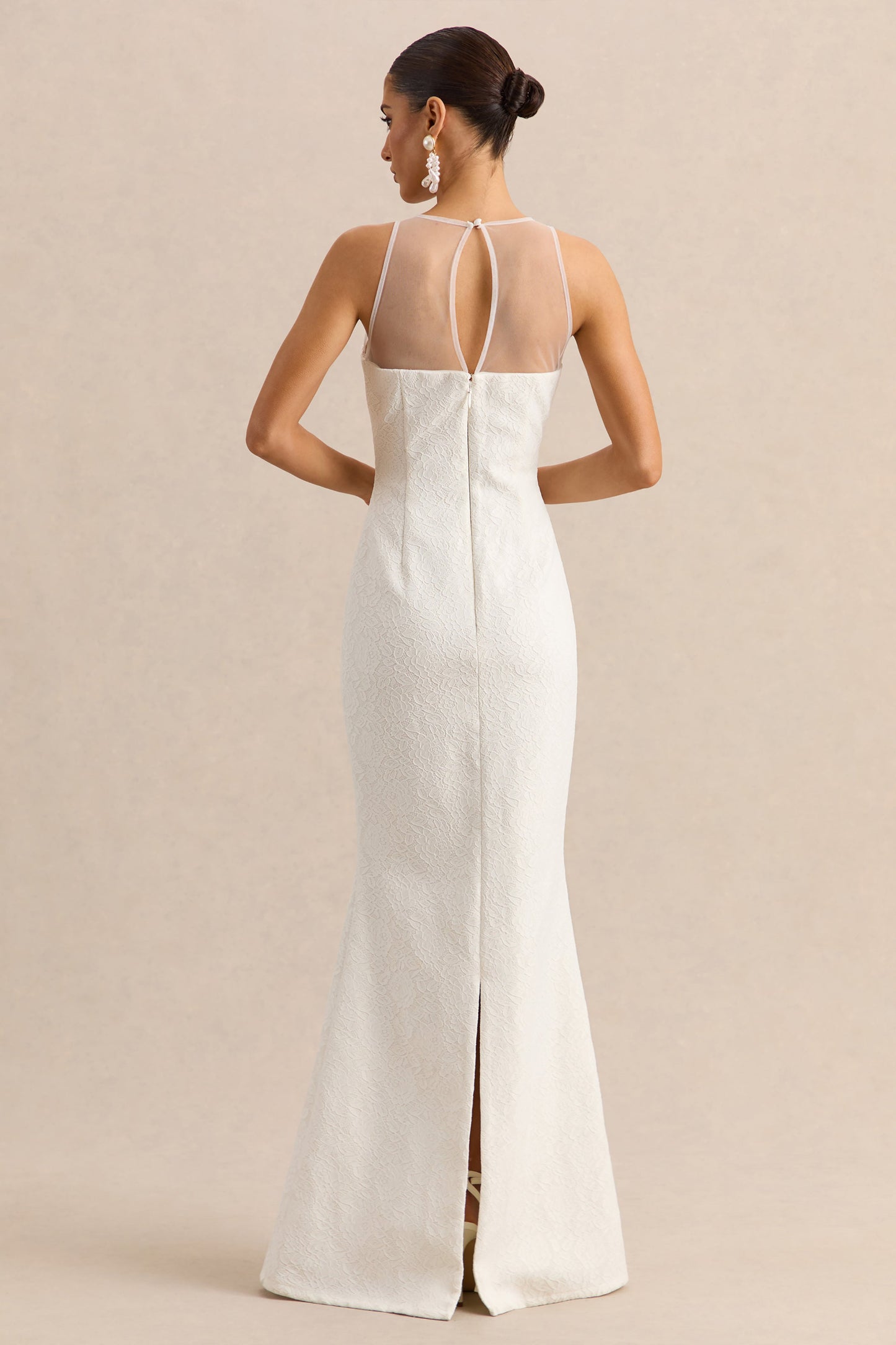 Rosevine | White Lace Crew-Neck Maxi Dress With Mesh Panel