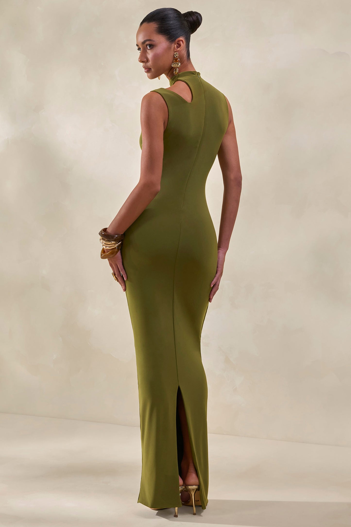 Cyrilla | Green High-Neck Midi Dress With Gold-Detail