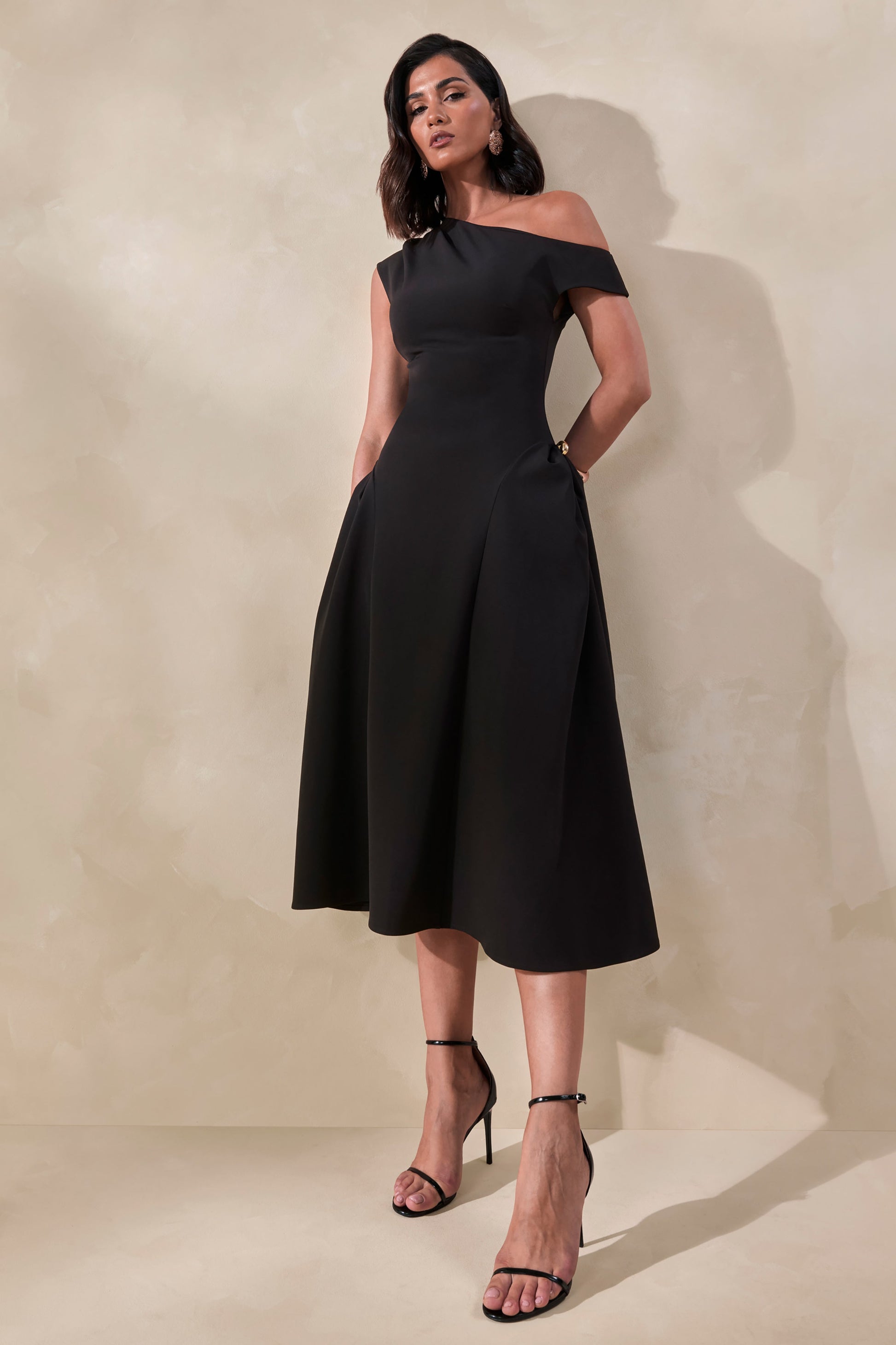 Celosia | Black Asymmetric-Neck Midi Dress With Gold-Detailing