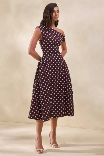 Celosia | Brown Polka-Dot Asymmetric-Neck Midi Dress With Gold-Detailing