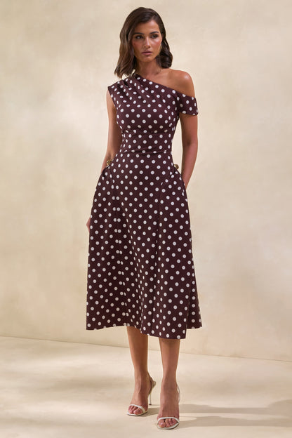 Celosia | Brown Polka-Dot Asymmetric-Neck Midi Dress With Gold-Detailing