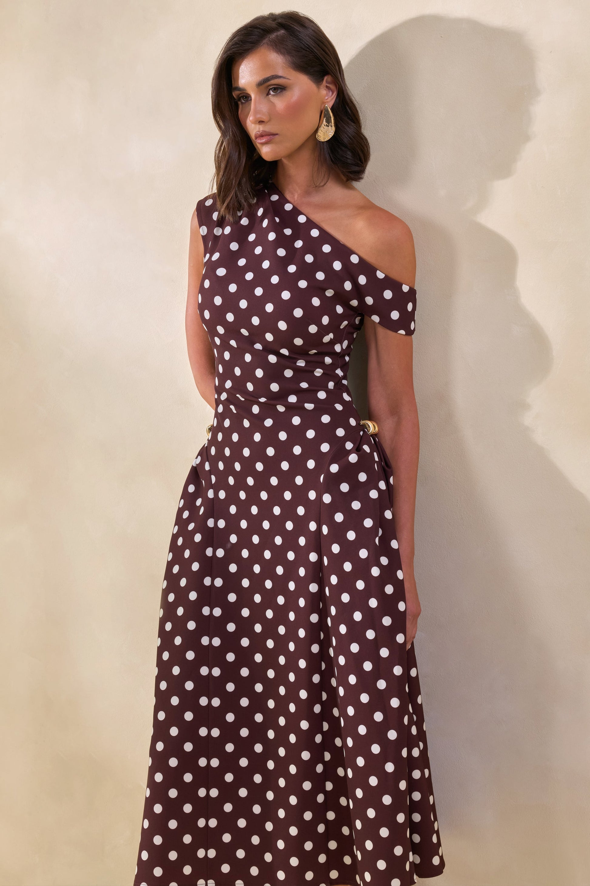 Celosia | Brown Polka-Dot Asymmetric-Neck Midi Dress With Gold-Detailing
