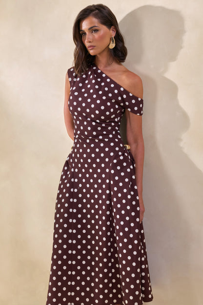 Celosia | Brown Polka-Dot Asymmetric-Neck Midi Dress With Gold-Detailing