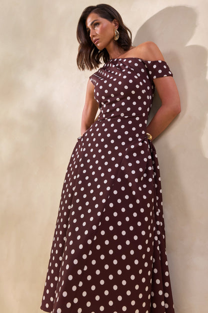 Celosia | Brown Polka-Dot Asymmetric-Neck Midi Dress With Gold-Detailing