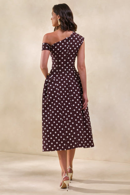 Celosia | Brown Polka-Dot Asymmetric-Neck Midi Dress With Gold-Detailing