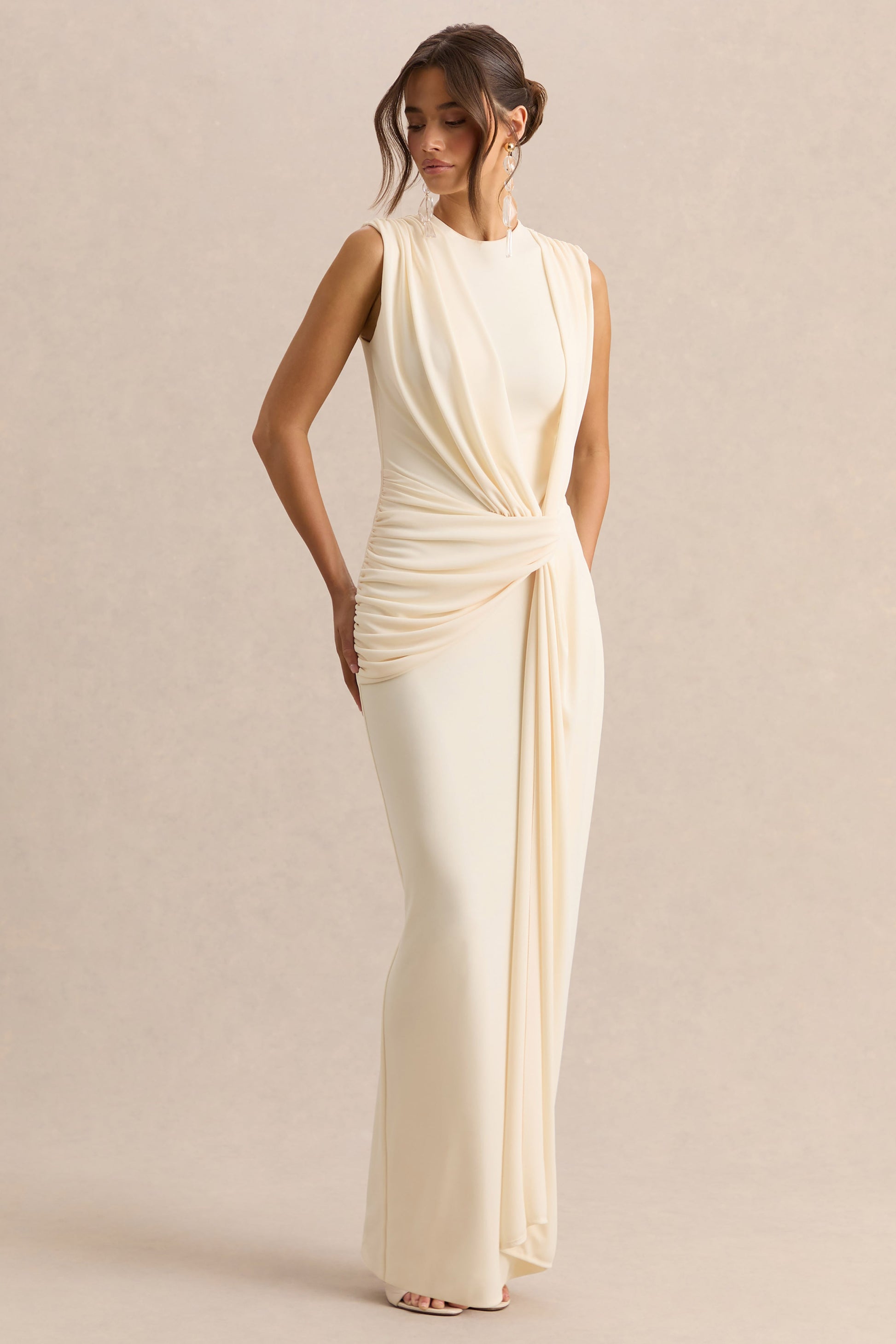 Blythia | Cream Round-Neck Maxi Dress With Gathered-Detailing