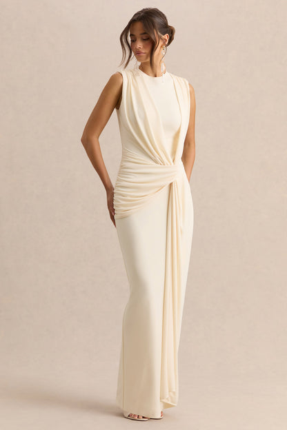 Blythia | Cream Round-Neck Maxi Dress With Gathered-Detailing