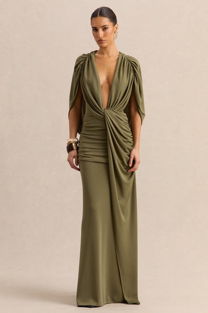 Marisea | Green Plunge-Neck Maxi Dress With Cape-Sleeves