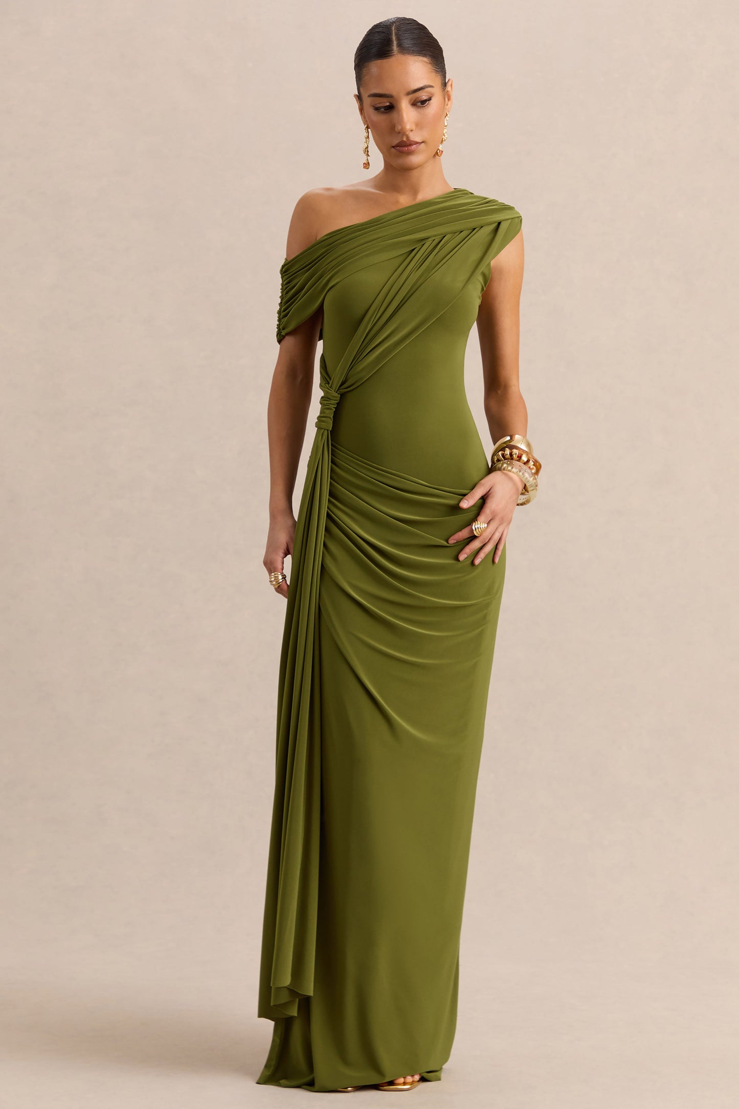 Avialee | Green Asymmetric-Neck Maxi Dress With Gathered-Detailing And Sash