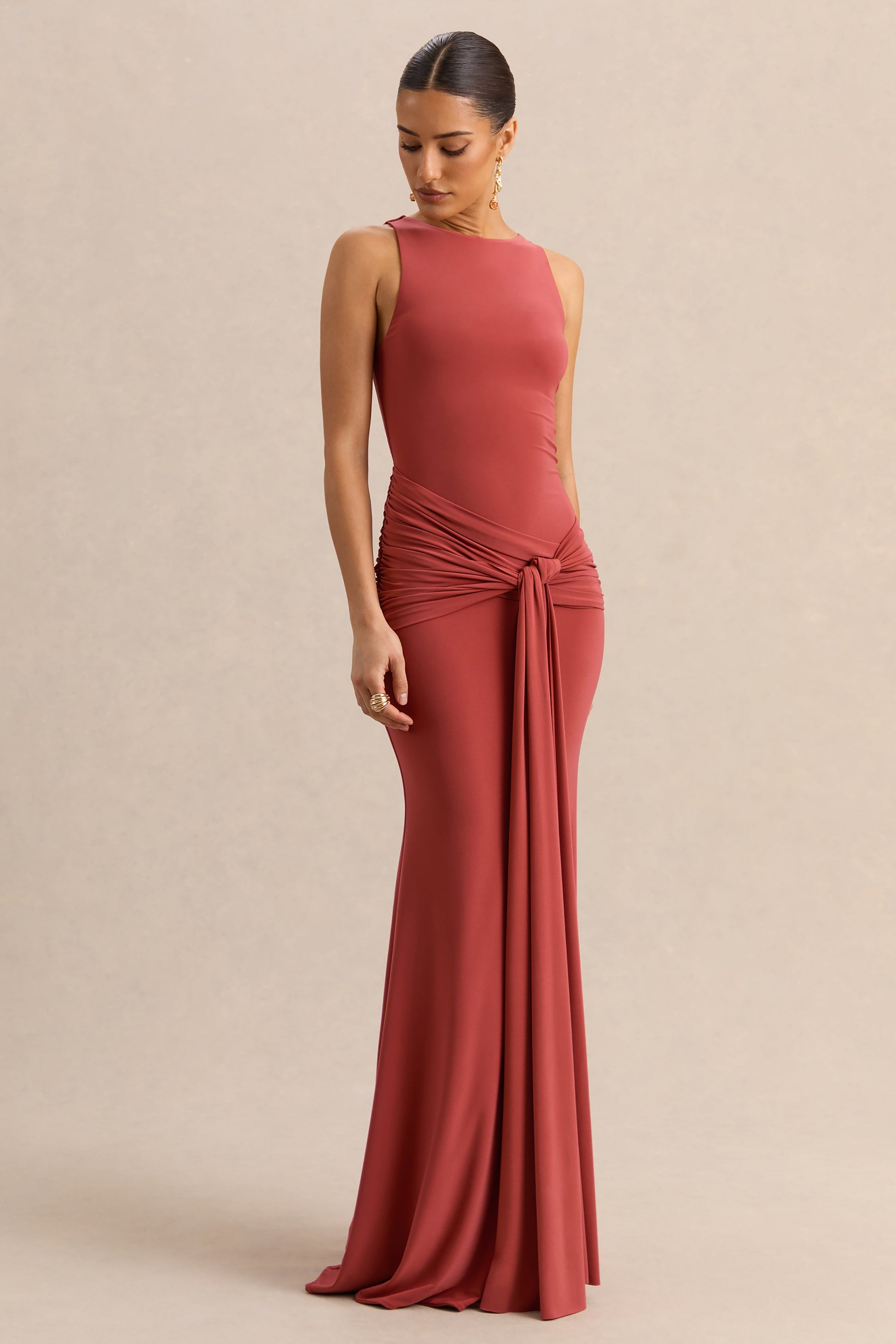 Cherine | Rust Round-Neck Maxi Dress With Gathered-Detailing And Sash