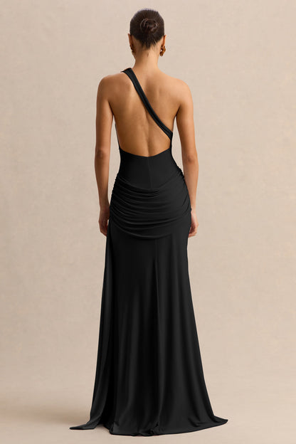 Belrose | Black Asymmetric-Neck Maxi Dress With Gold-Detail And Front-High Split