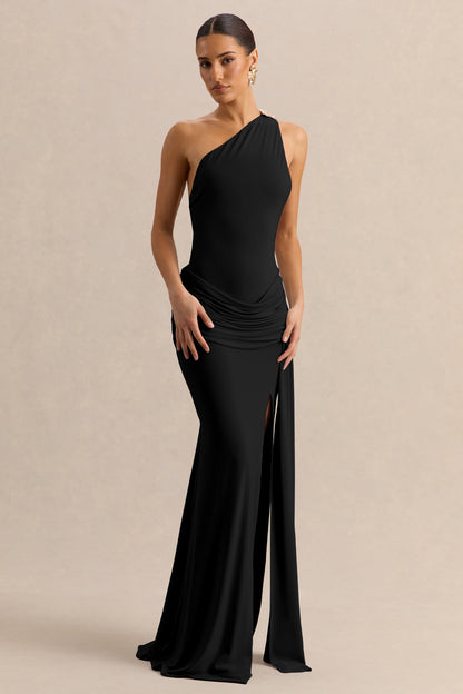 Belrose | Black Asymmetric-Neck Maxi Dress With Gold-Detail And Front-High Split
