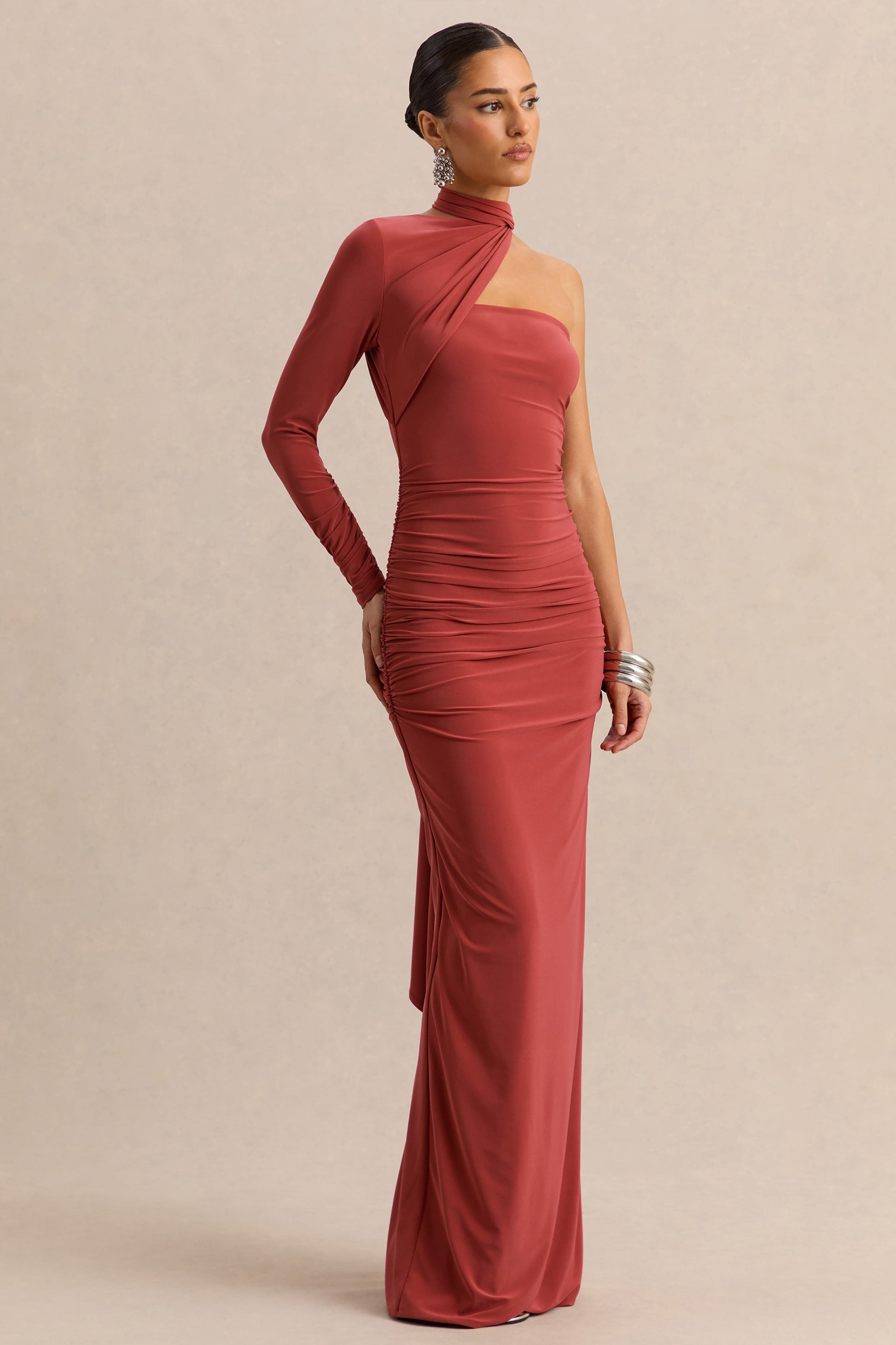 Cerisia | Rust Asymmetric-Neck Maxi Dress With Sash Detailing