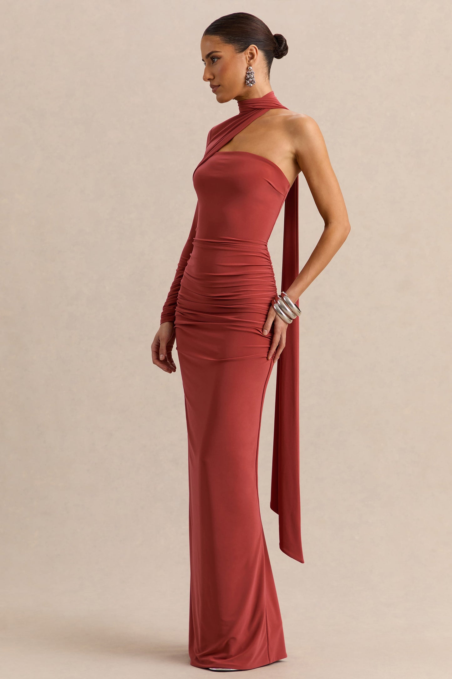 Cerisia | Rust Asymmetric-Neck Maxi Dress With Sash Detailing