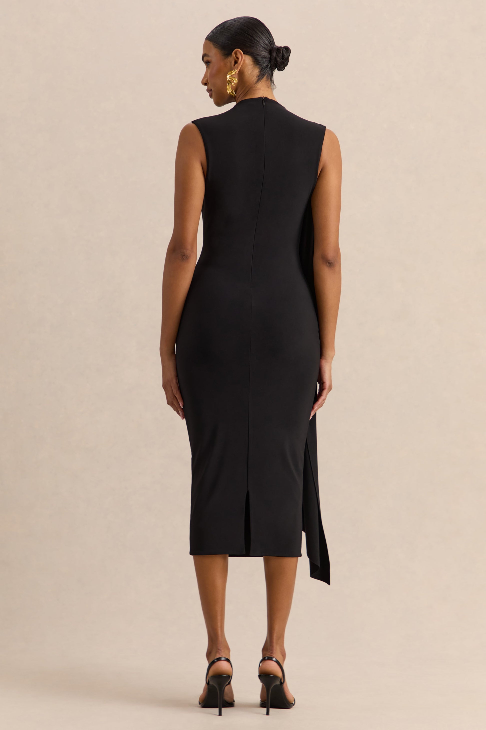 Oleandra | Black High-Neck Midi-Dress With Draped-Detail