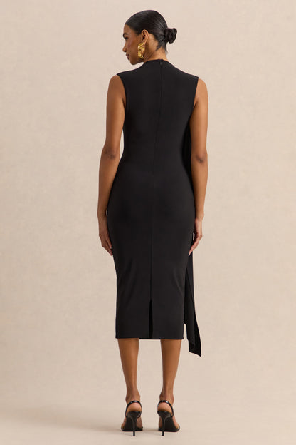 Oleandra | Black High-Neck Midi-Dress With Draped-Detail